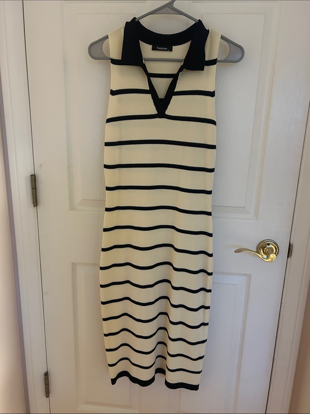Sleeveless Cream Midi Dress with Black Stripes and Collar